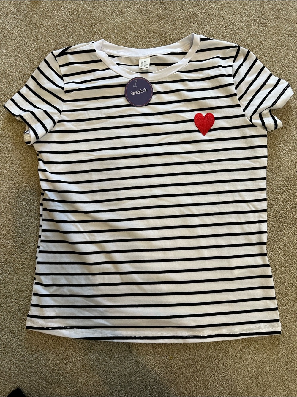 Striped White & Black Tee with Red Heart Patch - Women's Short Sleeve